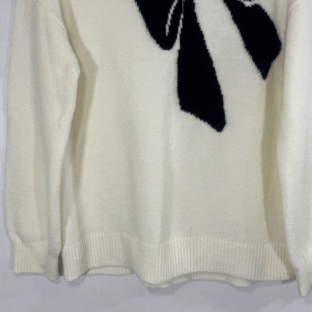 LOFT Cream Sweater with Black Bow Medium Long Sleeve Cozy Knit Pullover - Picture 4 of 10